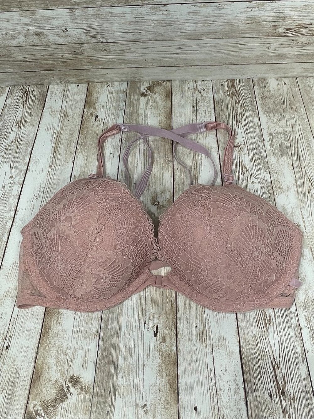 VICTORIA'S SECRET Women's 32D Pink Lace Racerback Strappy Front Push-Up Bra NWOT